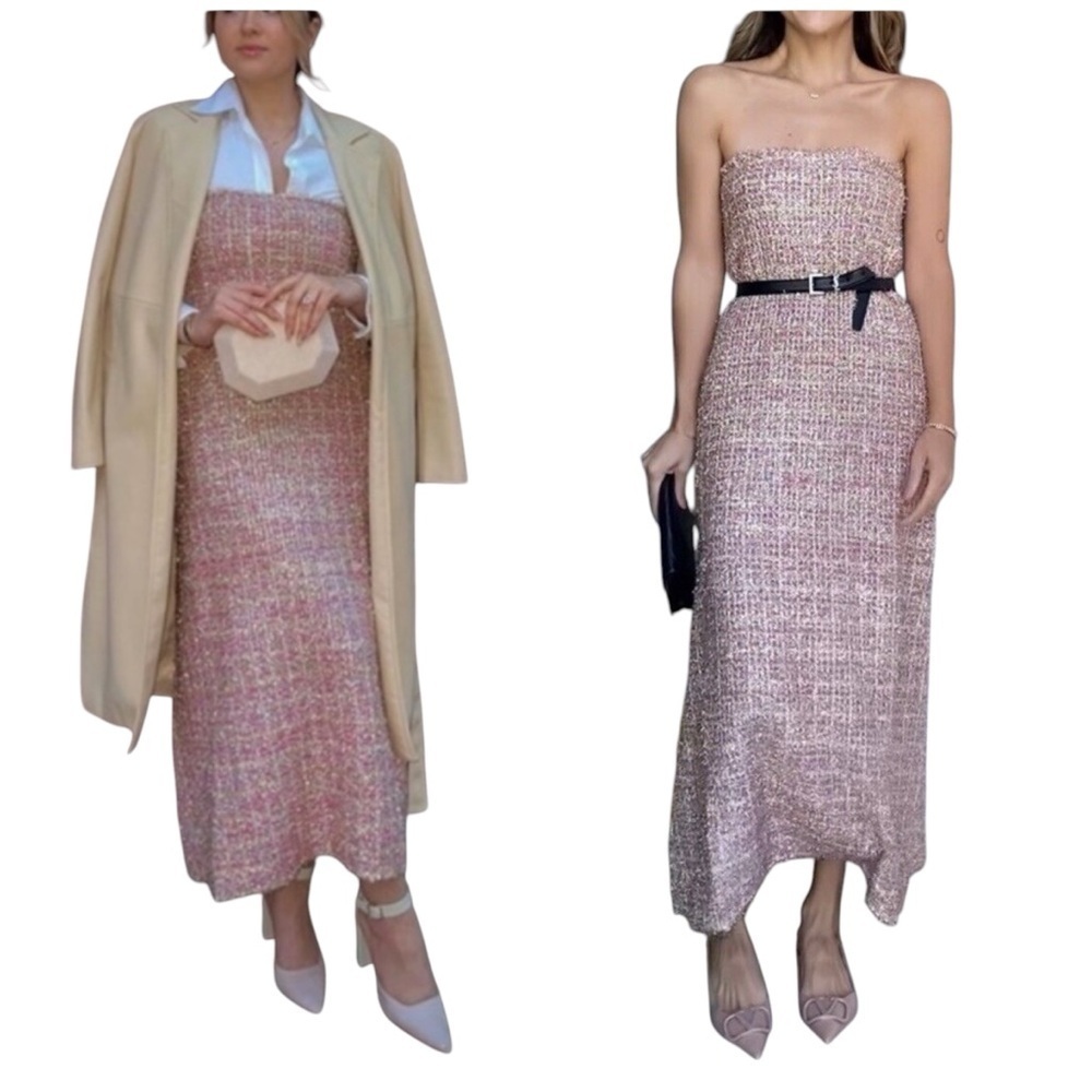 Zara Metallic Thread Plaid Structured Knit Strapless A-Line Midi Dress
